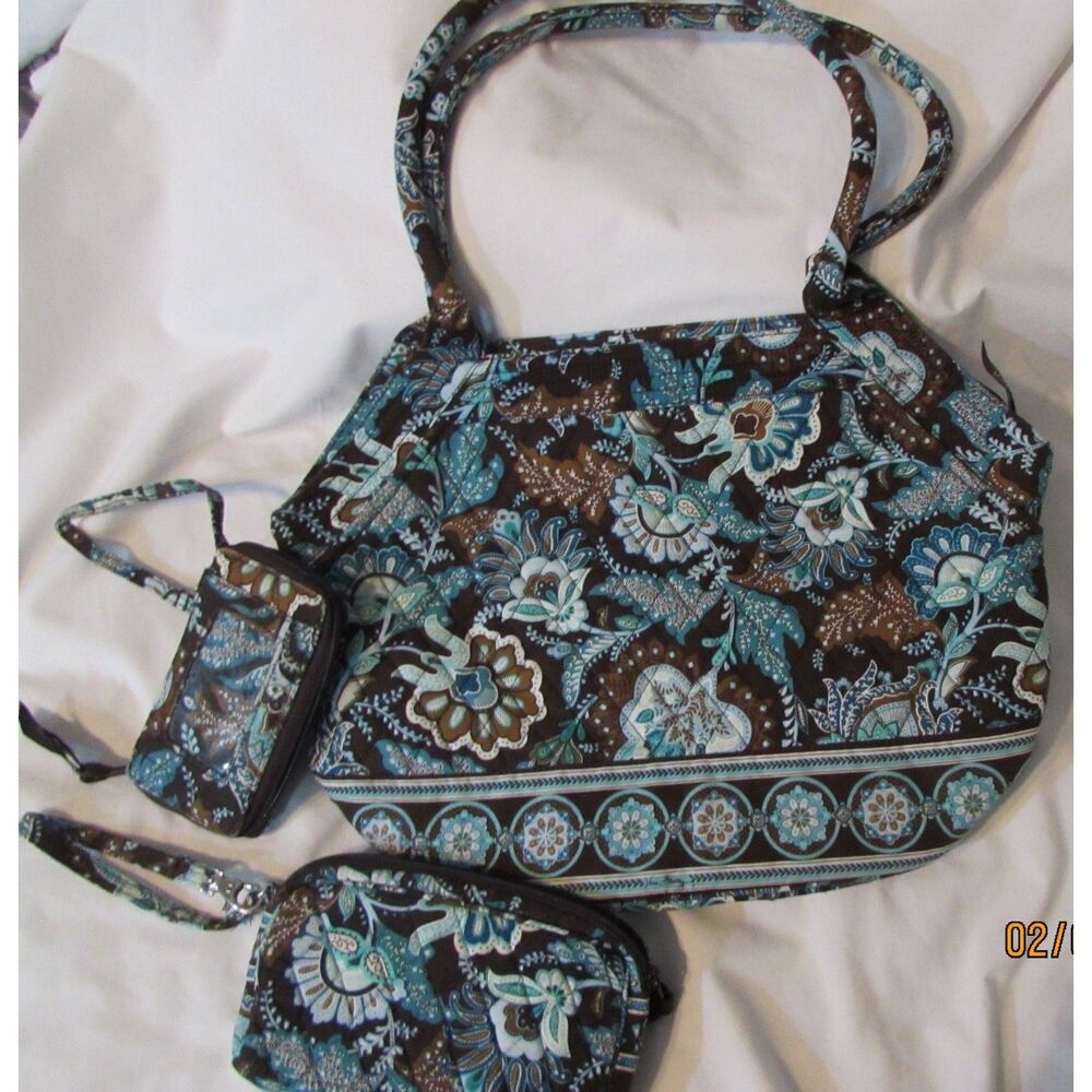 VERA BRADLEY PURSE HANDBAG WITH MATCHING WRISTLET WALLET AND MAKEUP CASE BROWN